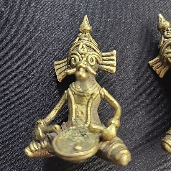 Set Of 2 Brass Miniature Musicians Wearing Elephant Mask - Picture 2 of 10